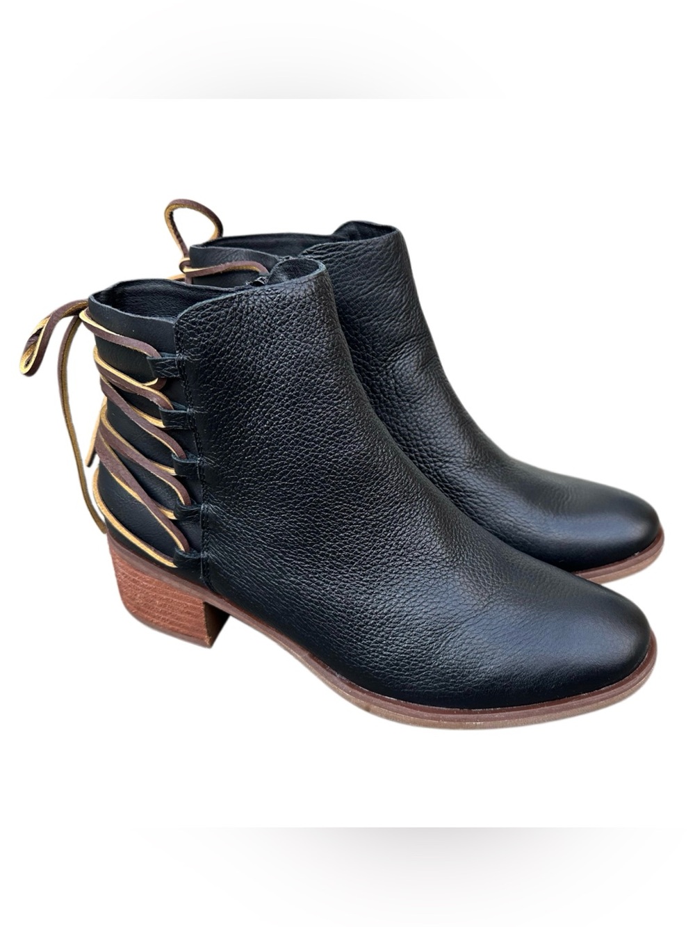 Korks Black Leather Ankle Boots Lace Back Chunky Heel Booties Sz 9